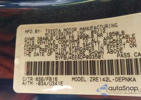 2013 Toyota Corolla Le from USA, damaged, VIN 5YFBU4EE6DP093501
